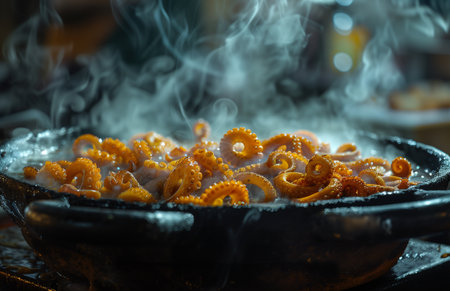 Boiling octopus in a pot, with smoke and steam rising from the hot waterの素材