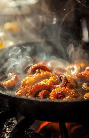 Boiling octopus in a pot, with smoke and steam rising from the hot waterの素材
