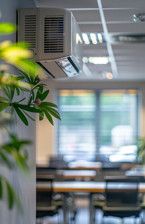 An air conditioner unit mounted on the ceiling in an office workspace providing coolingの素材