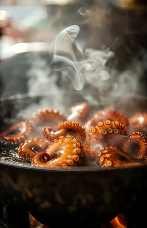 Boiling octopus in a pot, with smoke and steam rising from the hot waterの素材