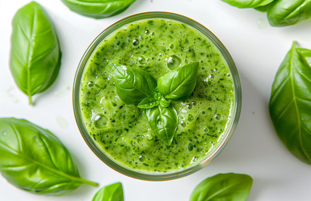 A glass of green smoothie garnished with fresh basil leaves, vibrant and healthy lookingの素材