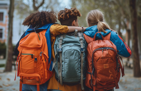 Three kids with backpacks hug each other warmly, school building behind them on a sunny dayの素材