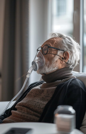 Elderly man using nebulizer to treat lungs, sitting at home with air mask in living roomの素材