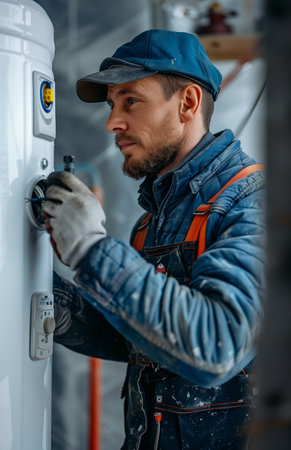 Carpenter in blue cap and overalls leveling a wall next to a white water tankの素材