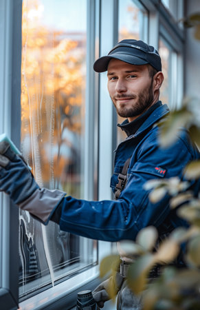 A professional window cleaner in blue overalls and black cap, smiling while cleaning a white windowsillの素材