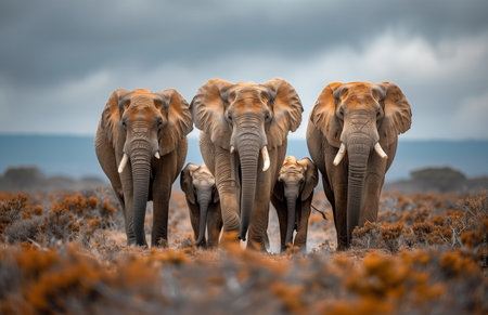 A herd of elephants strolling together across the vast savannah landscapeの素材