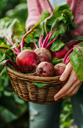 A woman's hands harvest beets from a basket against a garden backdropの素材