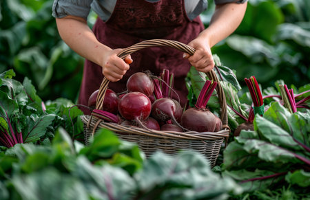 A woman's hands harvest beets from a basket against a garden backdropの素材
