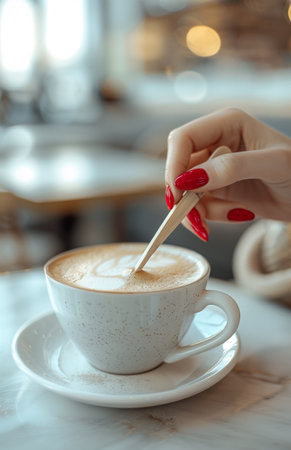 A womans red-polished hand dips a wooden spoon into a cappuccino cup at a cafe tableの素材