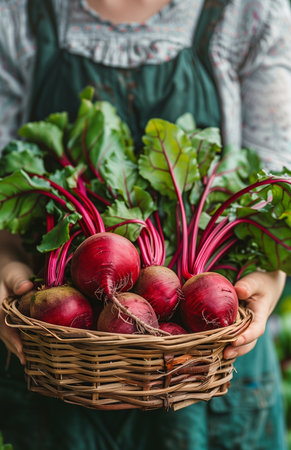 A woman's hands harvest beets from a basket against a garden backdropの素材