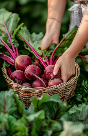 A woman's hands harvest beets from a basket against a garden backdropの素材