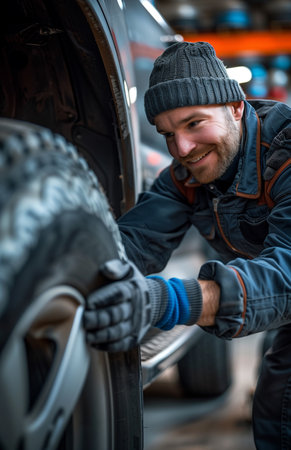 A mechanic in black gloves smiles while picking up a tire from under an SUV in a modern workshopの素材