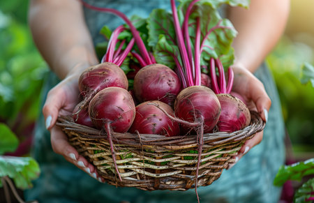 A woman's hands harvest beets from a basket against a garden backdropの素材