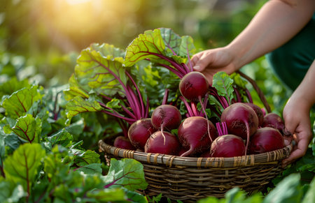 A woman's hands harvest beets from a basket against a garden backdropの素材