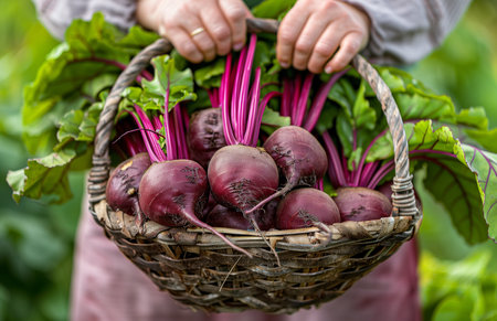 A woman's hands harvest beets from a basket against a garden backdropの素材