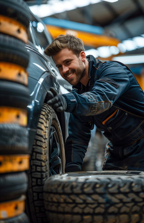 A mechanic in black gloves smiles while picking up a tire from under an SUV in a modern workshopの素材