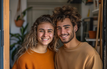 Young couple smiling at camera, holding door open while moving into their new apartmentの素材
