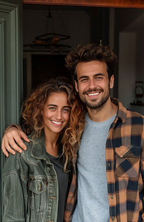 Young couple smiling at camera, holding door open while moving into their new apartmentの素材