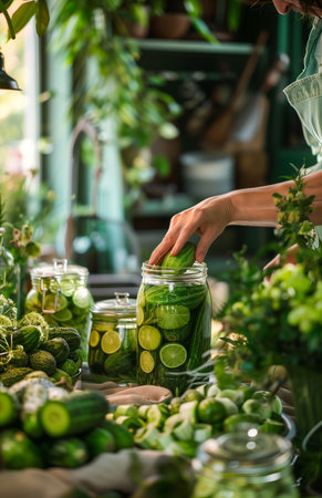 Hands using a jar to pickle cucumbers at home, with kitchen background visible in close-up viewの素材