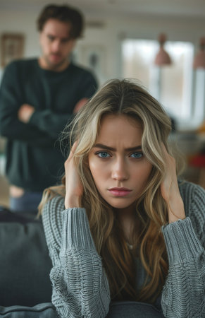 A woman sits on the couch with her head in her hands, sad and depressed, beside an angry manの素材