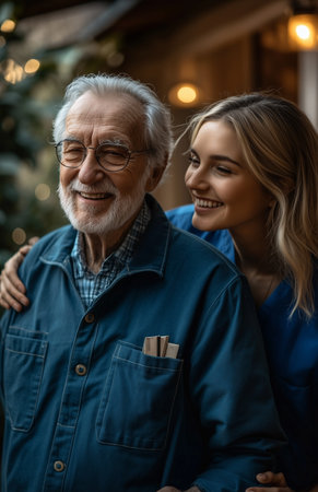 A nurse assists an elderly man in walking at home, providing care and smiling happilyの素材