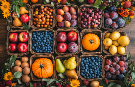 Baskets filled with assorted autumn fruits and vegetables displayed on a rustic wooden tableの素材