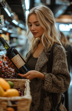 Woman with blonde hair shopping in the supermarket, holding a wine bottle and examining its labelの素材