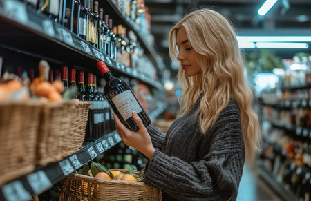 Woman with blonde hair shopping in the supermarket, holding a wine bottle and examining its labelの素材