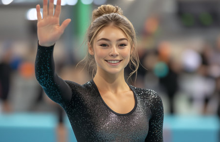 Woman at gymnastics competition on balance beam, smiling and waving in black sparkly outfitの素材