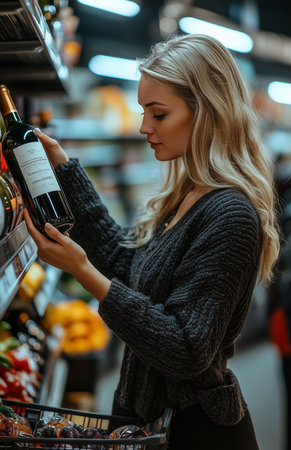 Woman with blonde hair shopping in the supermarket, holding a wine bottle and examining its labelの素材