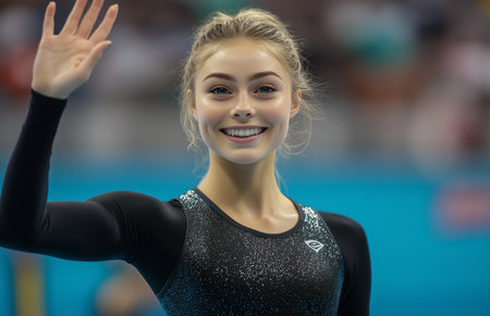 Woman at gymnastics competition on balance beam, smiling and waving in black sparkly outfitの素材