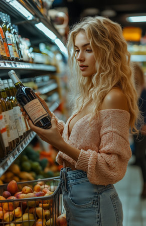 Woman with blonde hair shopping in the supermarket, holding a wine bottle and examining its labelの素材