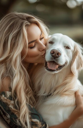 Young woman with long blonde hair kisses golden retriever dog in summer parkの素材