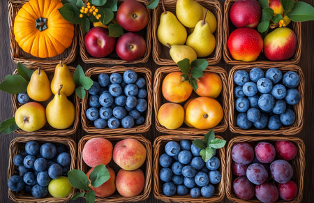 Baskets filled with assorted autumn fruits and vegetables displayed on a rustic wooden tableの素材