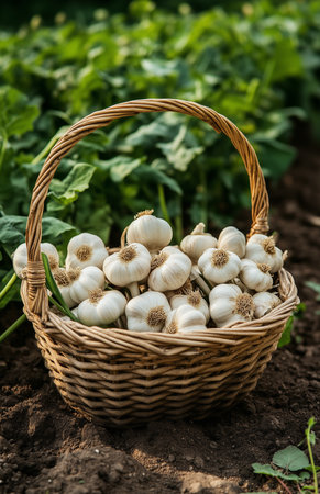 A basket full of garlic lay on the ground next to a plowrow in a gardenの素材