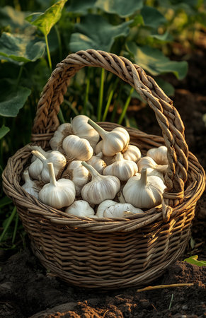 A basket full of garlic lay on the ground next to a plowrow in a gardenの素材