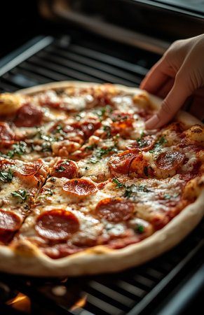 Closeup view of a womans hand removing freshly baked pizza from the oven at home kitchenの素材