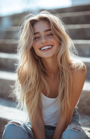 A cheerful young woman with flowing blonde hair, laughing on urban park stepsの素材