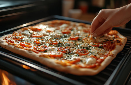 Closeup view of a womans hand removing freshly baked pizza from the oven at home kitchenの素材
