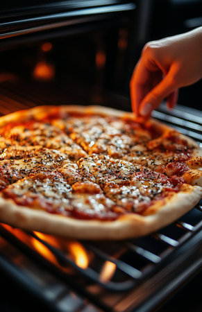 Closeup view of a womans hand removing freshly baked pizza from the oven at home kitchenの素材