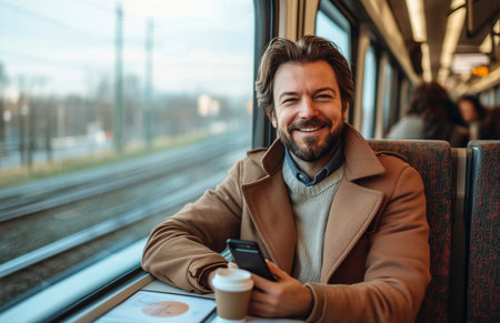 Businessman with phone and coffee, sitting by train window, heading to office, looking happyの素材