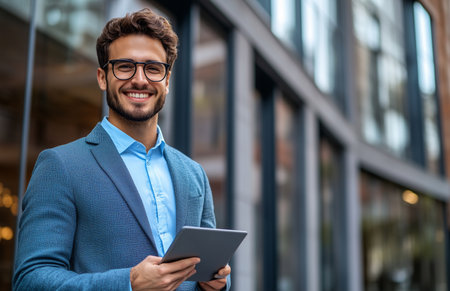 Smiling young professional in glasses holding a tablet, standing outside a modern office buildingの素材