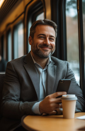 Businessman with phone and coffee, sitting by train window, heading to office, looking happyの素材