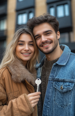 Young couple happily holding keys to their new home, beaming with joyの素材