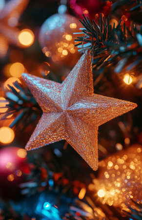 Christmas tree adorned with a shining star and vibrant, multi-colored lights, beautifully glowingの素材