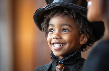 A young Black boy happily dressed as a vampire, smiling proudly at his motherの素材