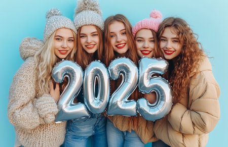 Group of young women celebrating New Year with silver balloons shaped as 2025 numbersの素材