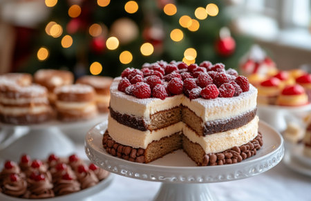 Christmas cakes and sweets arranged on a table, with a blurred Christmas tree backgroundの素材
