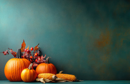 A festive Halloween table setting with pumpkins, corn, and cobs on a green surfaceの素材