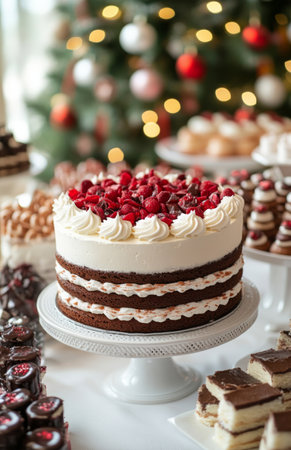 Christmas cakes and sweets arranged on a table, with a blurred Christmas tree backgroundの素材
